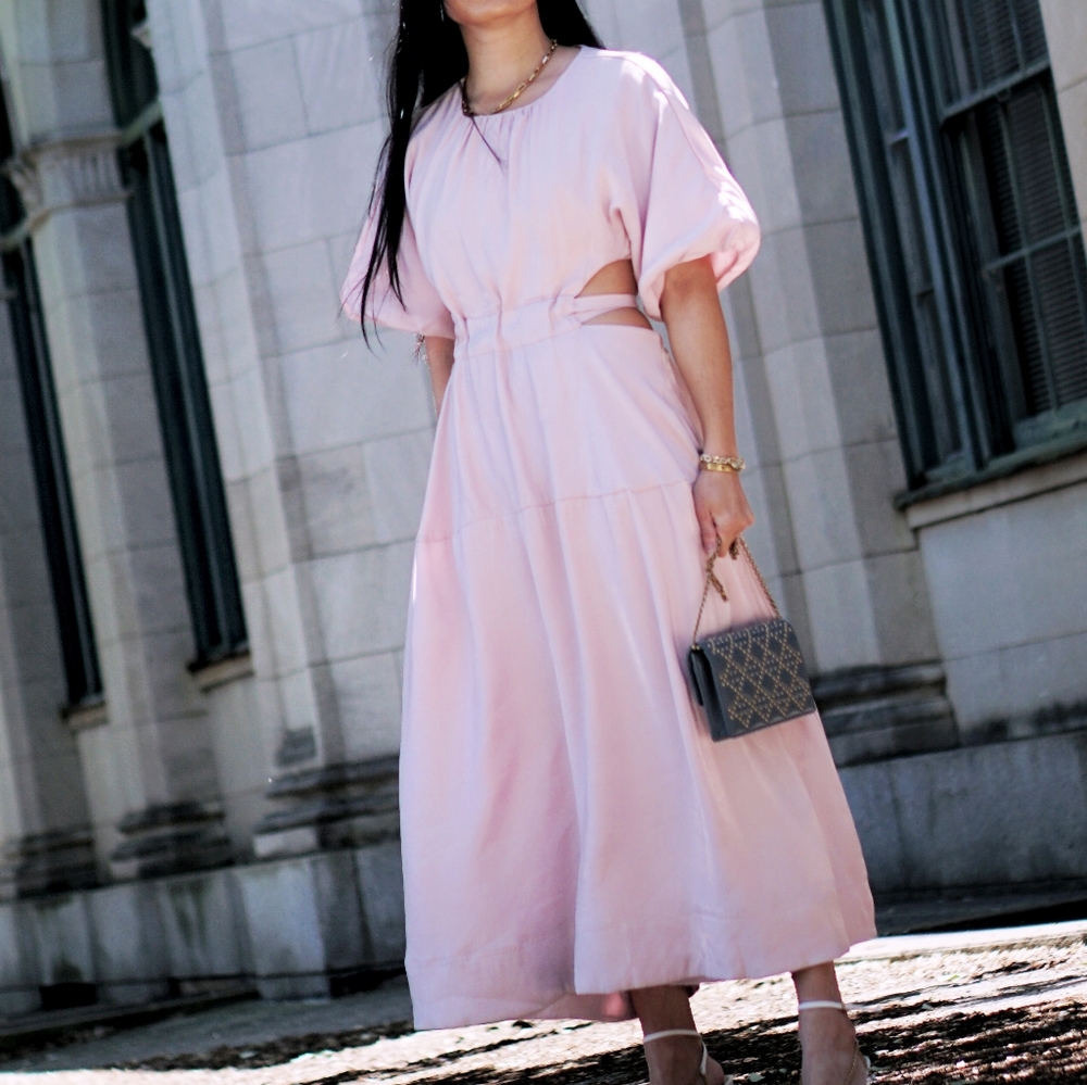 Pink puff shoulder cut out dress